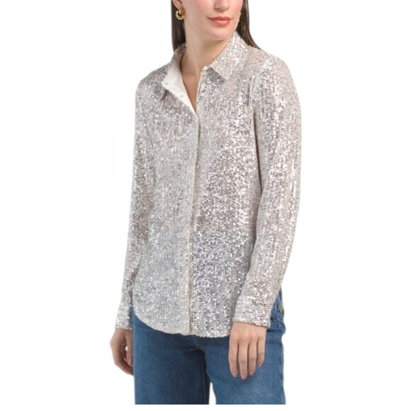 CECE Sequin Button Front Shirt - Picture 1 of 2